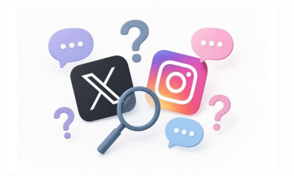 XとInstagramのアイコンに吹き出しと虫眼鏡が浮かぶSNSの噂・評判イメージ