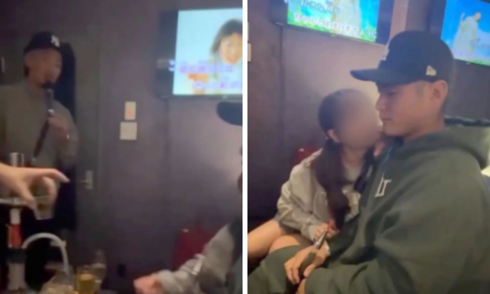 広島カープ田村俊介がセクシー女優A子と寸止めキス寸前の密着シーン(右)と矢野雅哉がハナミズキを熱唱する六本木シーシャバーのアテンド飲み会様子(左) Smart FLASH報道画像